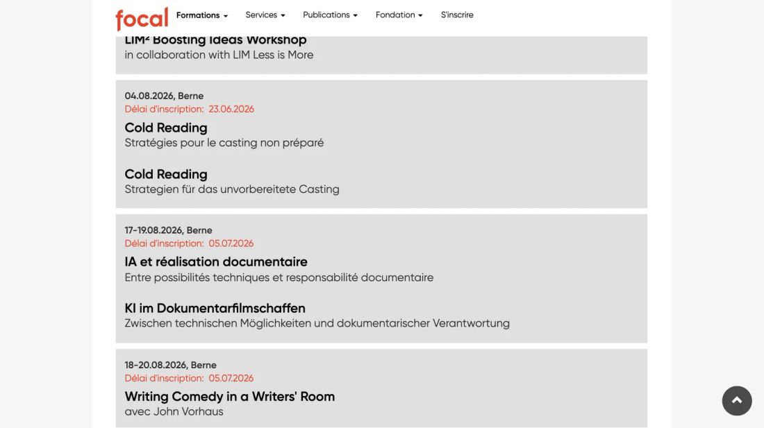 La liste des sessions, filtrable